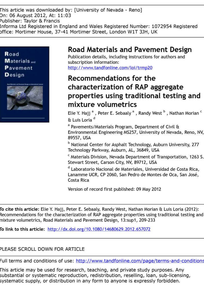 Recommendations for Characterization of RAP